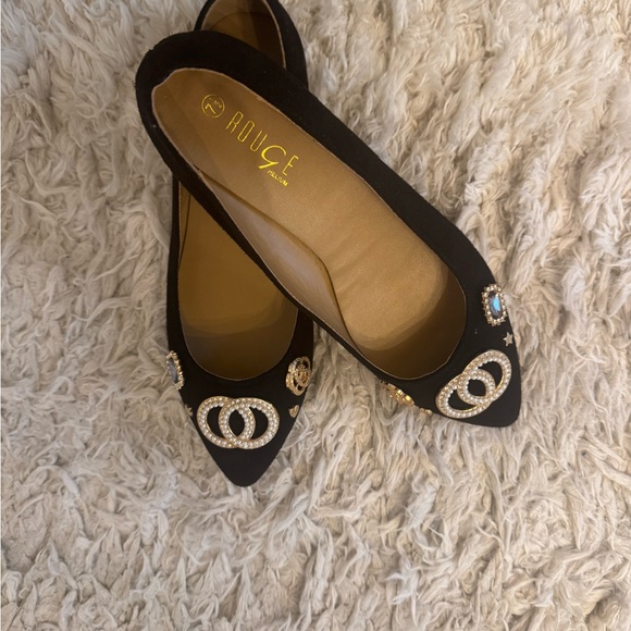 Rouge  Black Flats with Pearl & Gold Embellishments - Picture 10 of 16